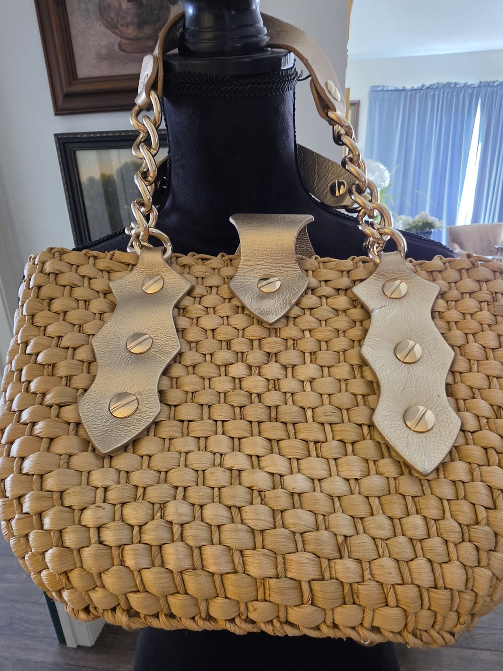 Michael Kors Tan Woven Straw Santorini Tote with Gold Hardware - Picture 6 of 10